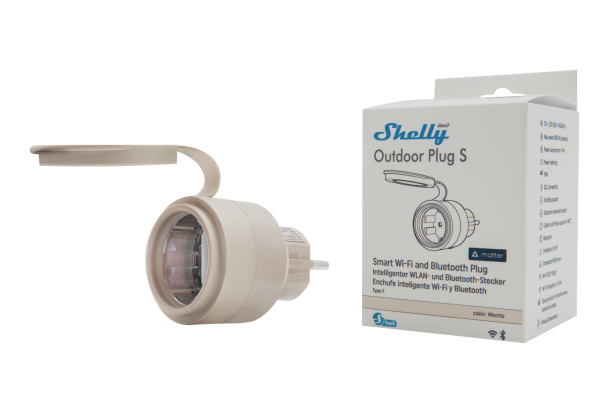 Shelly · Plug & Play \"Outdoor Plug S Gen3\" · Zwischenstecker für draußen · 12A · Messfunktion · WLAN · Matter · BT